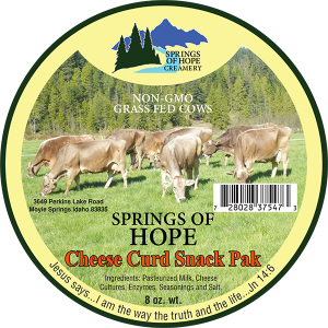 Springs of HOPE: Cheese Curd Snack Pak round circle label.